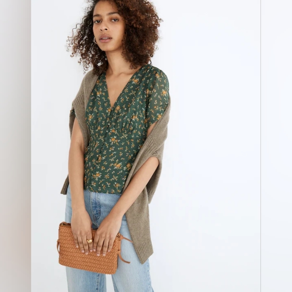 Madewell Silk Evie Tie-Sleeve Top Fresh Sprigs Green Floral Size 4 - Picture 11 of 13